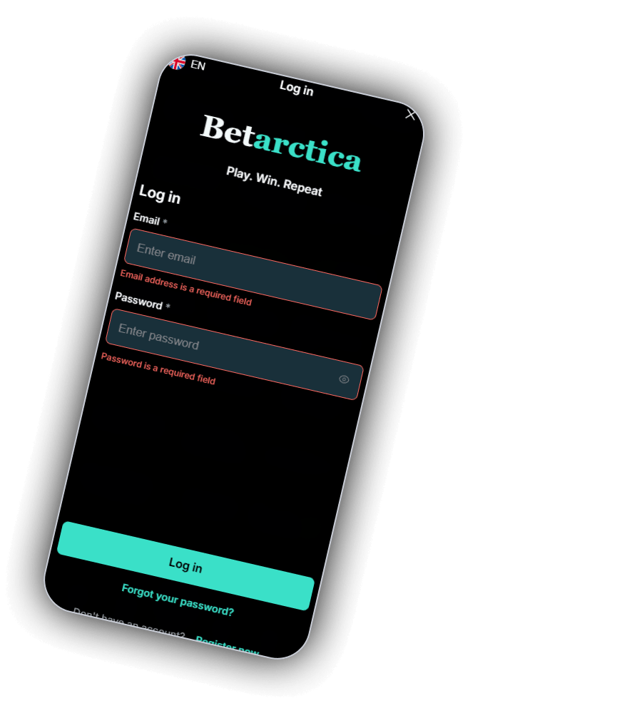 Login-Fenster von Betarctica mit Feldern für E-Mail und Passwort und mintgrünem Knopf
