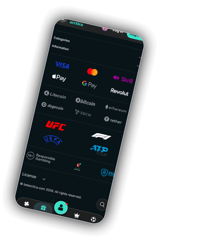 Menü von Betarctica mit Visa, Mastercard, Skrill, Apple Pay, Revolut und Kryptowährungen
